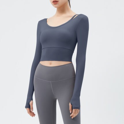 Naked-Feel Tight Women's Long-Sleeve Yoga Top: Built-in Chest Pads, Open-Back Style--Ca08-20