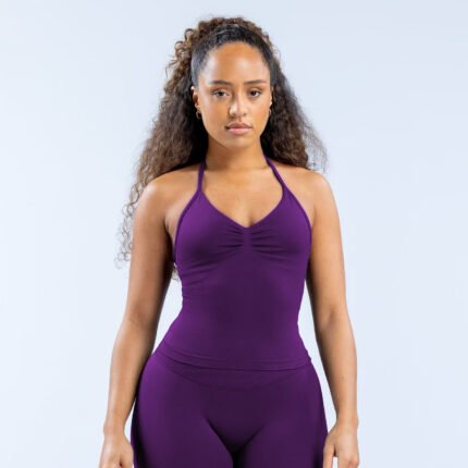 Triple-Layer Padded High-Stretch Full-Dull Nylon Halter Backless Seamless Fitness Tank-4380