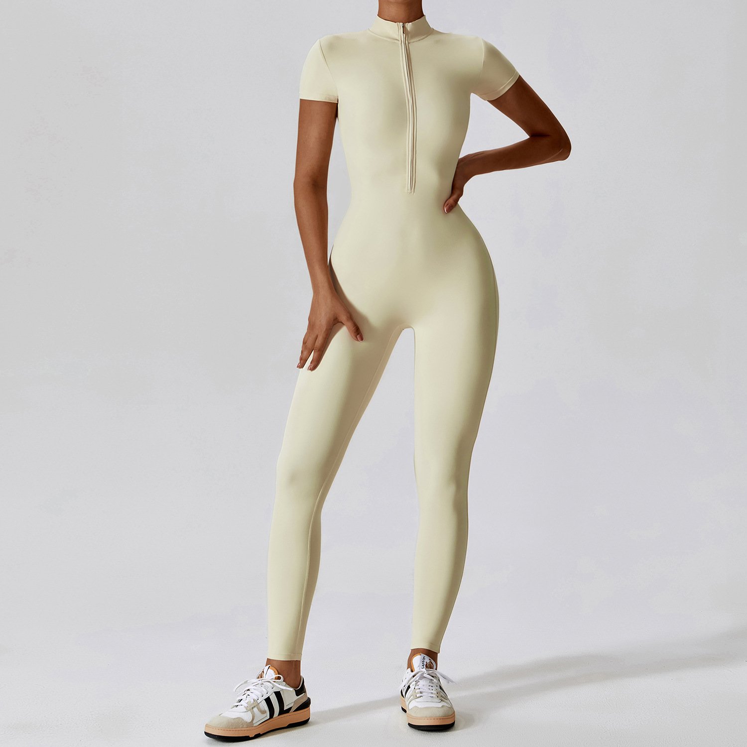 8305 杏 Women's Zip Short - Sleeve Naked - Feel Yoga Jumpsuit ,Sports Tight Bodysuit--CLT8305 - Image 1